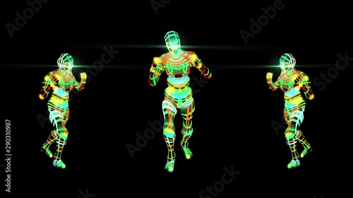 Three Colorful Robots Dancing Running Man Video Loop