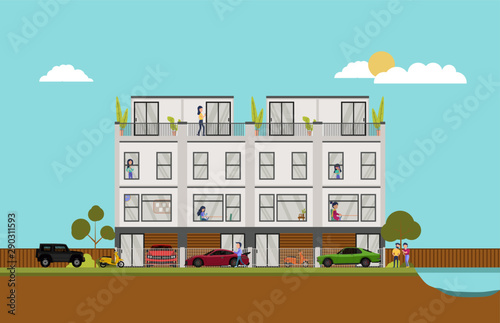 flat illustration of big modern townhouse Residence Estate