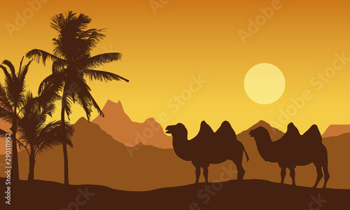 Realistic illustration of mountain landscape in the desert. Two camels near oasis with palm trees  under orange morning sky with rising sun  vector