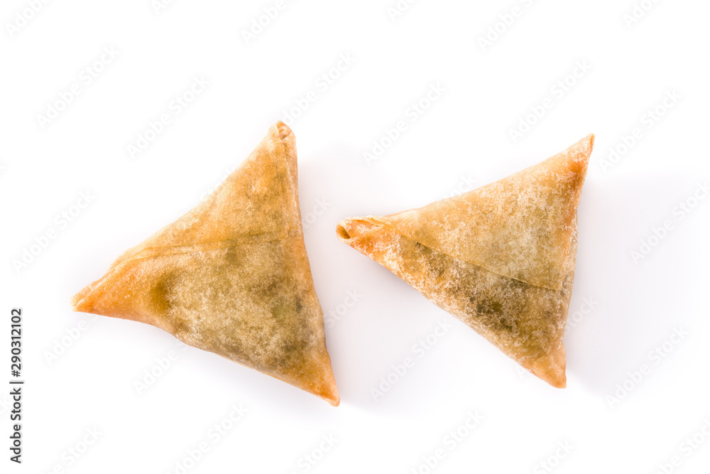 Samsa or samosas with meat and vegetables isolated on white background. Traditional Indian food. Top view Samsa or samosas with meat and vegetables isolated on white background. Traditional Indian food. Top view