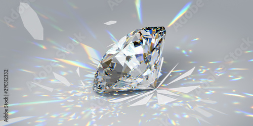 Round cut diamond on white background with colorful caustics rays.