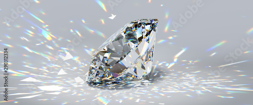 Round cut diamond on white background with colorful caustics rays. photo