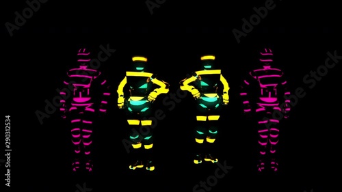 Purple And Yellow Robots Dancing In A Group Seamless Video Loop