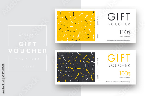 Abstract gift voucher card template. Modern discount coupon or certificate layout with geometric shape pattern. Vector fashion bright background design with information sample text.