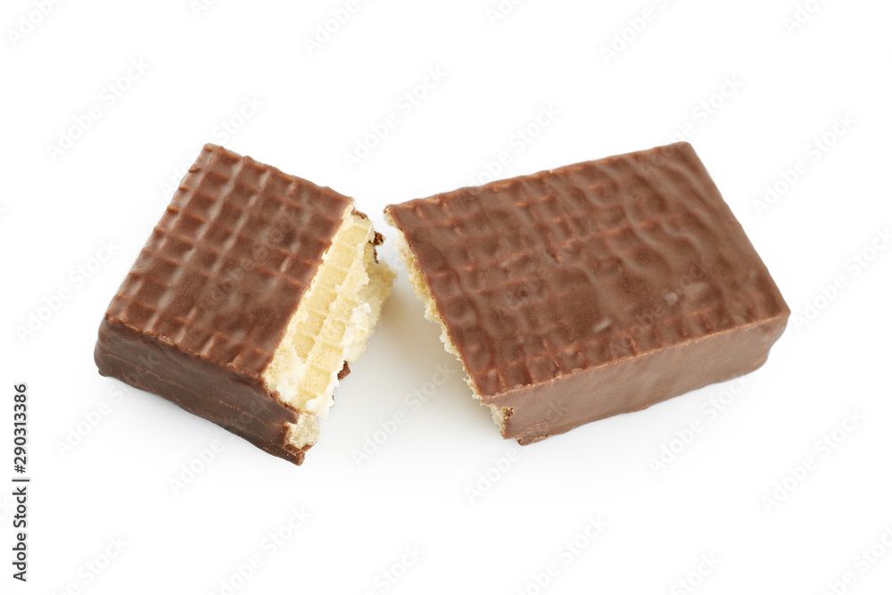 Chocolate wafer on white background. Milk chocolate. Dessert. Chocolate wafer on white background. Milk chocolate. Dessert.
