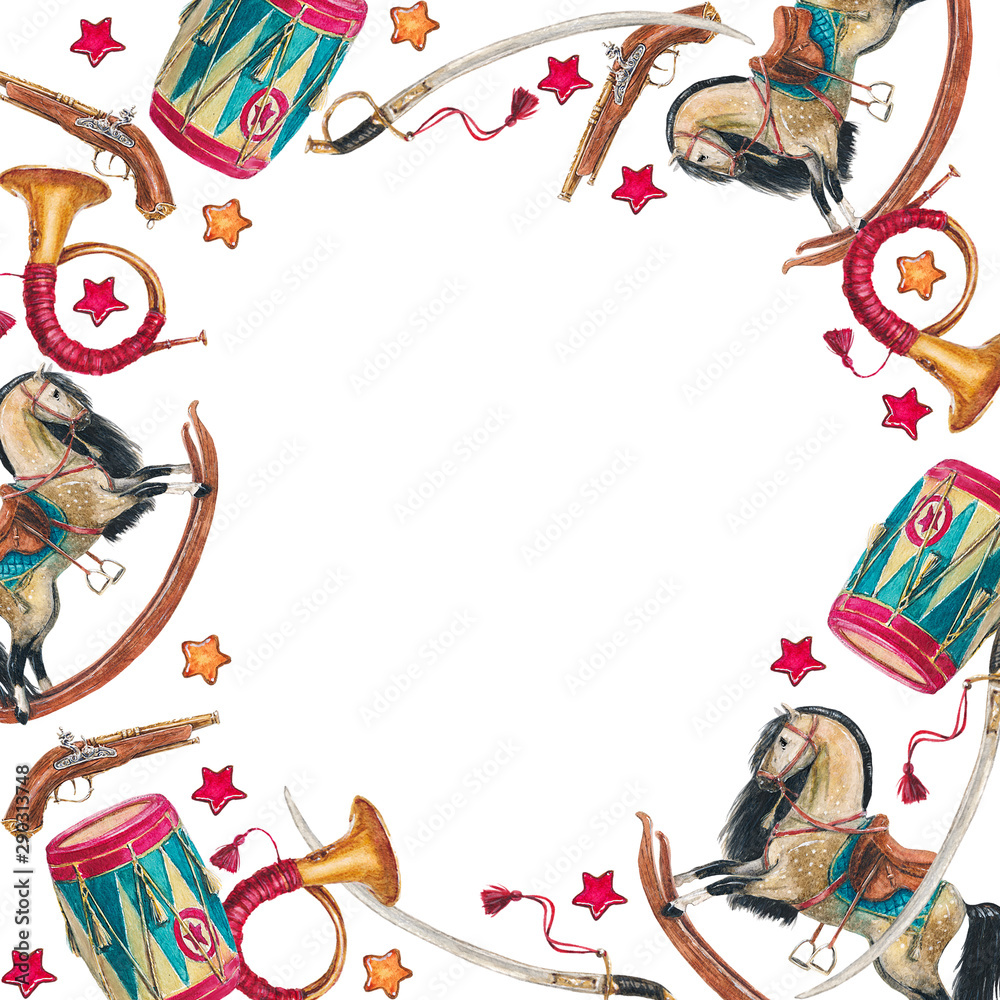 Fototapeta premium Frame pattern of rocking horse and ancient weapon