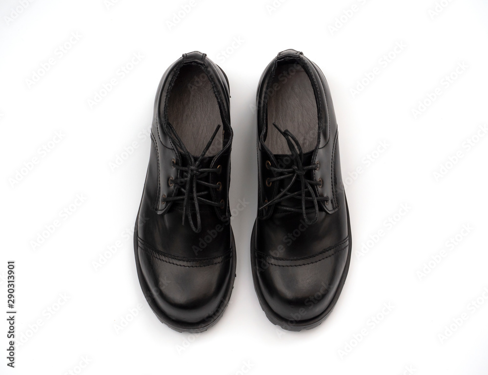 Mens black shoes isolated on a white background. Top view Mens black shoes isolated on a white background. Top view