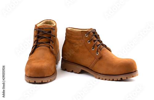 Men fashion brown boots with nubuck leather isolated on white background.