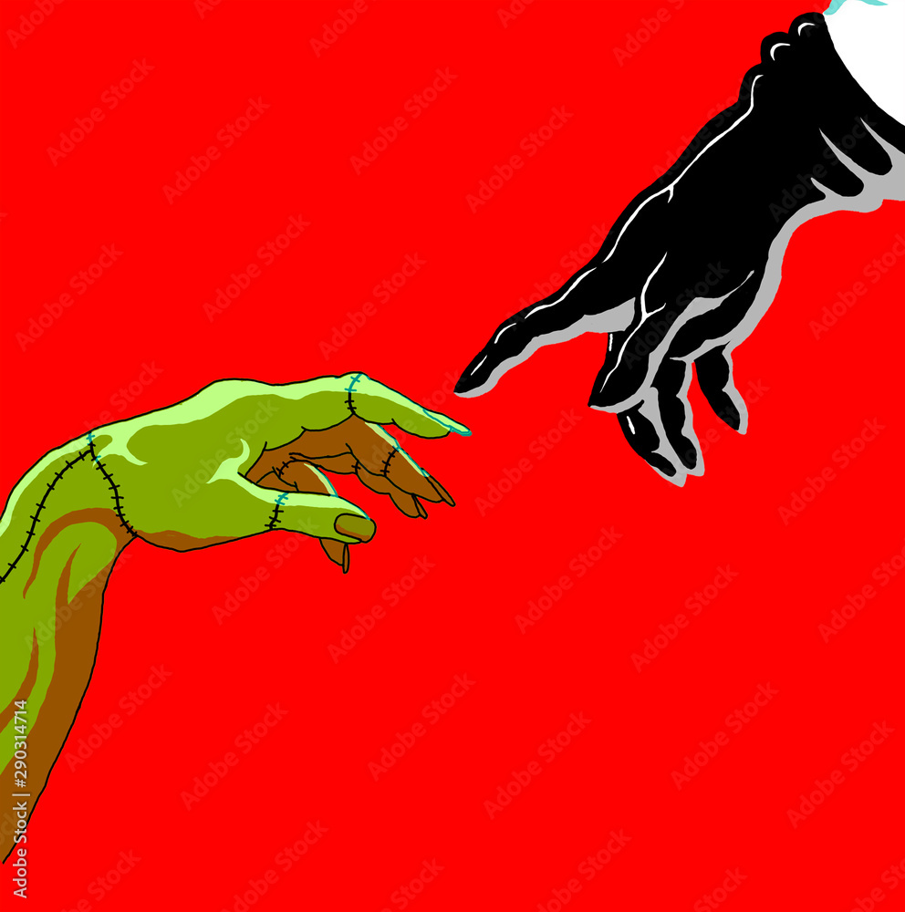 Obraz premium Version of the hand of God and Adam from the detail of the Sistine Chapel with the hand of Dr Frankenstein and the monster