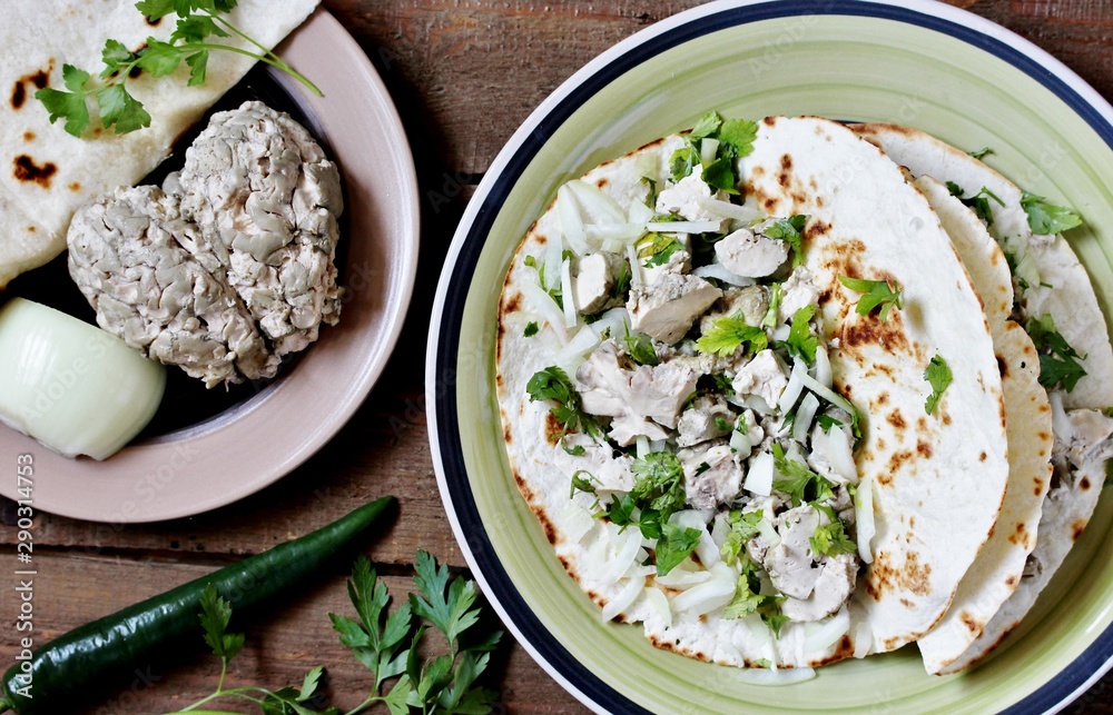 tacos with the brains of a cow, a sheep or a calf. Mexican food. dishes