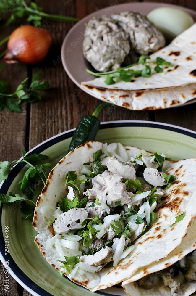 tacos with the brains of a cow, a sheep or a calf. Mexican food. dishes