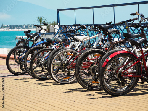 Bicycle parking place at sunny summer day