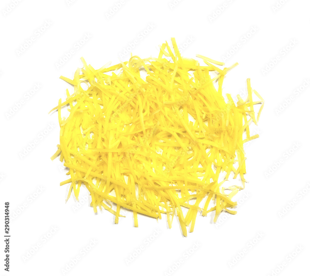 Top view of grated cheese isolated on white background