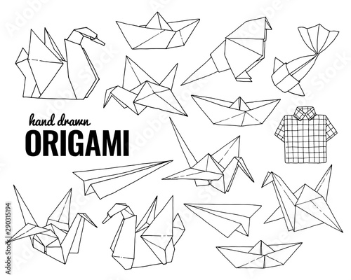 Origami hand drawn vector set, folder paper art animals shapes isolated on white background