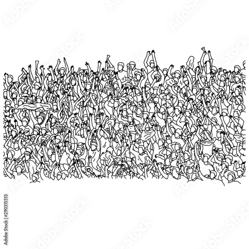crowd of audience cheering on stadium vector illustration sketch doodle hand drawn with black lines isolated on white background