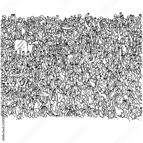 crowd of happy people cheering on stadium vector illustration sketch doodle hand drawn with black lines isolated on white background