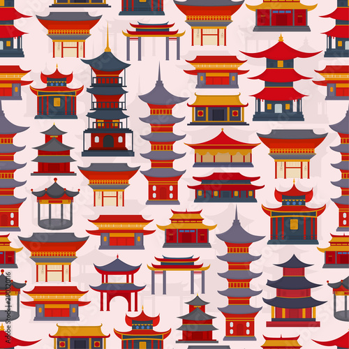 Seamless vector pattern with Chinese traditional architecture and houses on a light background