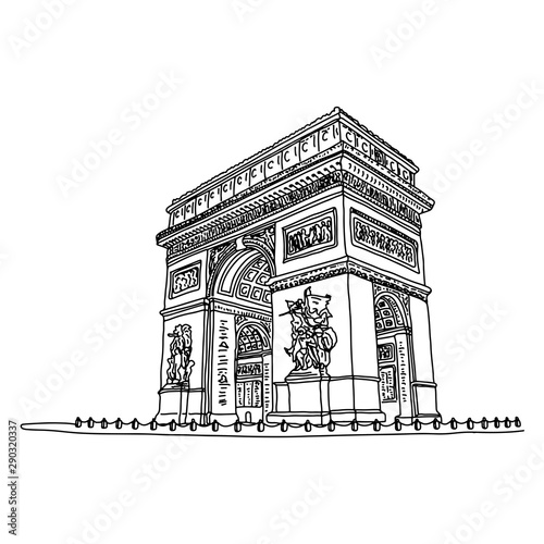 Arc de Triomphe or Triumphal Arch of the Star in France vector illustration sketch doodle hand drawn with black lines isolated on white background
