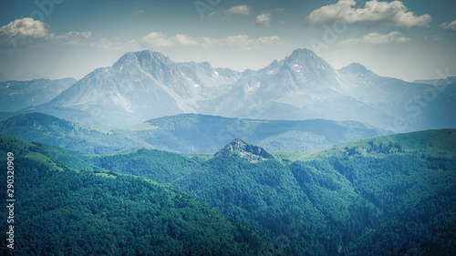 Fototapeta Naklejka Na Ścianę i Meble -  Panoramic view of gorgeous mountain ridge with high rocky peaks