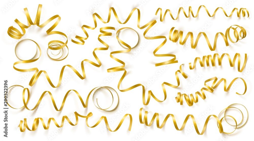Set of realistic gold ribbons on white background. Vector illustration. Can be used for greeting card, holidays, banners, gifts and etc.