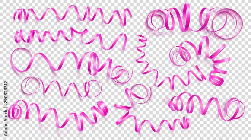 Set of realistic pink ribbons on transparency background. Vector illustration. Can be used for greeting card, holidays, banners, gifts and etc. Set of realistic pink ribbons on transparency background. Vector illustration. Can be used for greeting card, holidays, banners, gifts and etc.