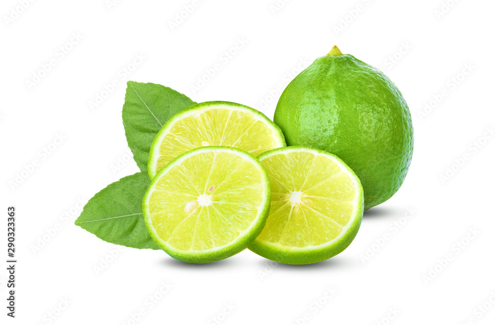 fresh lime slice with leaf on white background fresh lime slice with leaf on white background