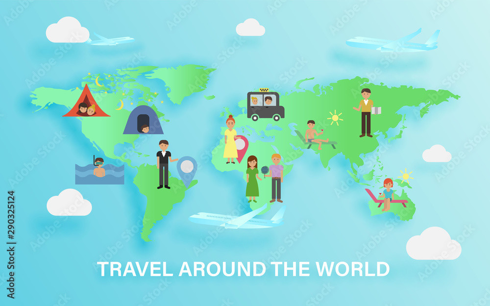 Naklejka premium Set of people traveling around the world