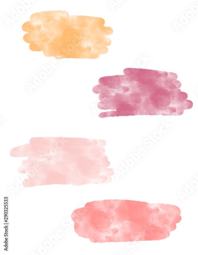 Set watercolor stains background. Watercolour texture with uneven artistic edge. Hand drawn abstract aquarelle fill. Template for cards, posters, banners. Pink, red, purple, orange