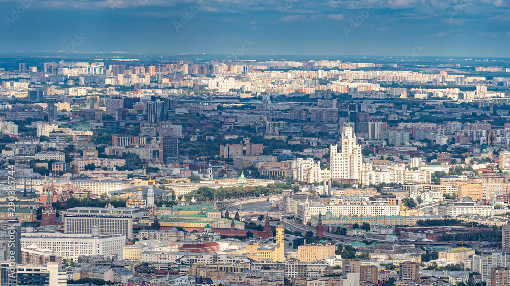 Russia. Panorama of Moscow from a bird's eye view. Architecture of the capital of Russia. City buildings. View of Moscow on a cloudy day. Cities of Russia.