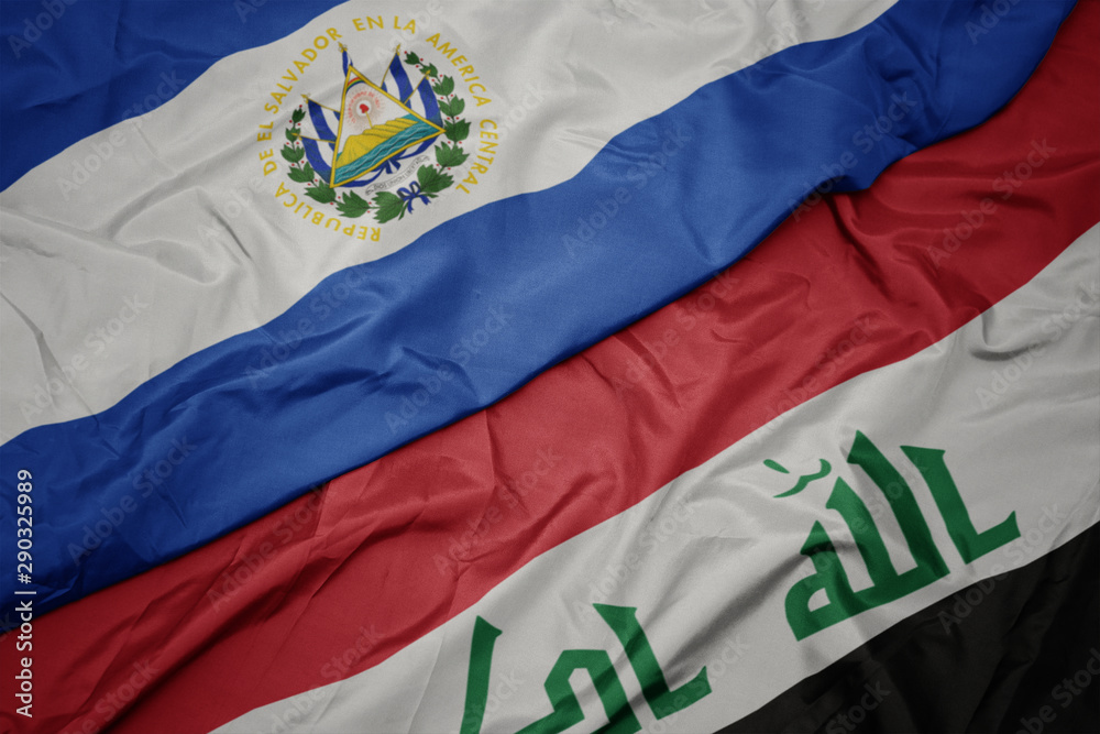 waving colorful flag of iraq and national flag of el salvador.