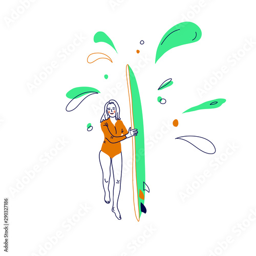 young girl with SUP board vector illustration