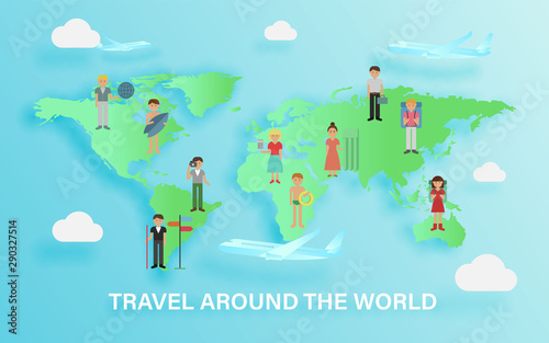 Set of people traveling around the world