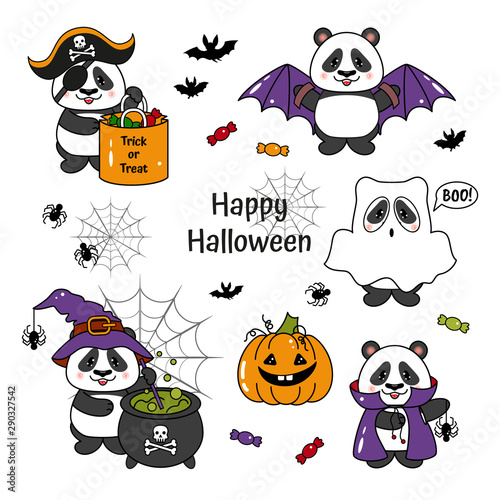 Happy Halloween Panda Bear Set. Vector Illustration.