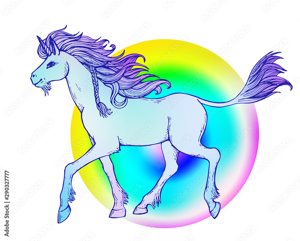 Walking unicorn with flowing mane and tail against the background of a rainbow circle. hand drawn illustration. Walking unicorn with flowing mane and tail against the background of a rainbow circle. hand drawn illustration.