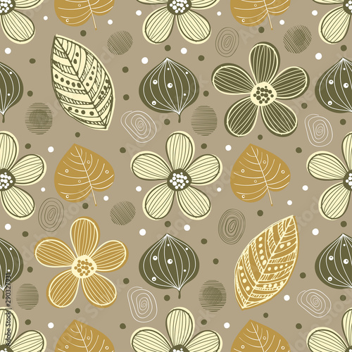 Vector vintage seamless print with simple flowers, leaves and abstract elements