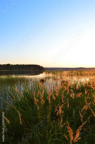 Autumn sunset in Puolanka Finland. Lake, grass, bright sky and last sunbeams. Little island on background. photo