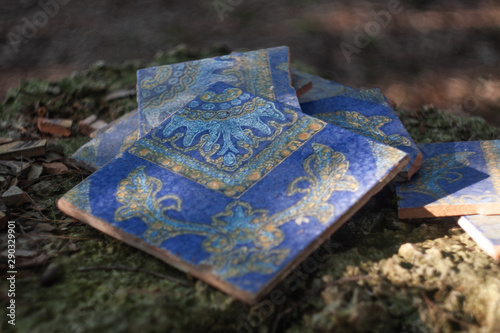 Abandoned artistic hand made tiles on a mossy sone