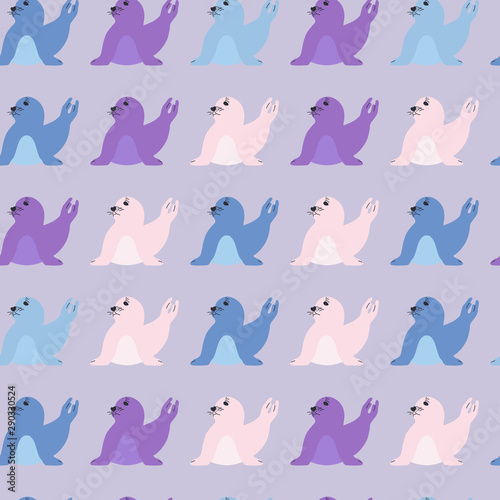 Seal pup seamless pattern in trendy colors Vector illustration of sitting seal animal in a flat style. Design element for textile print, wallpaper, wrapping paper, web background.