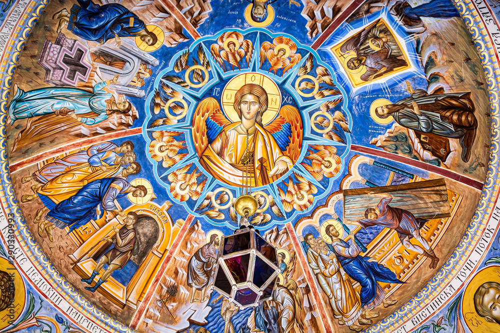 Rostusha, North Macedonia - July 27, 2019. Art in Saint Jovan Bigorski Monastery. Macedonian Orthodox monastery