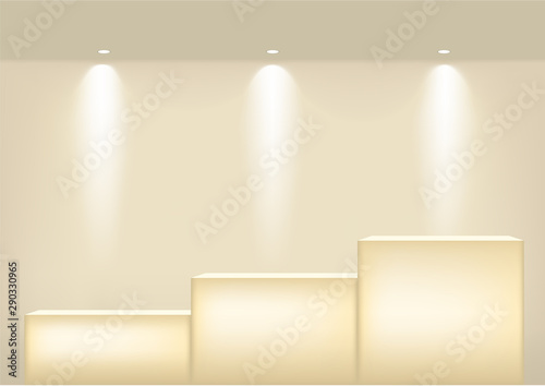 Mock up Realistic Empty  Gold Shelf for interior to Show Product with Spotlight and shadow on  background. Pedestal Design illustration