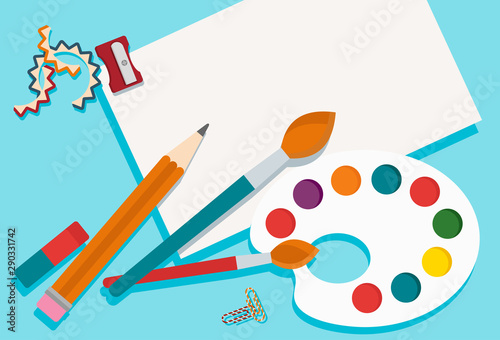 Poster with art supplies. Paints, palette, art brushes and pencils