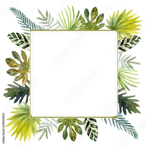 Watercolor frame of colorful tropical leaves. For invitations, greeting cards and Wallpapers. © Natika_art