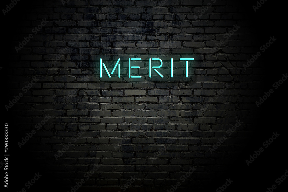 Ταπετσαρία Highlighted brick wall with neon inscription merit