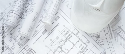 Obraz architekt projekt działający rysunek szkic plany plany i wykonanie modelu konstrukcji architektonicznej w pracowni architekta, płasko leżał długi sztandar