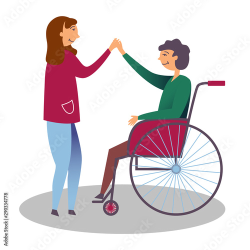 The girl is friends with a disabled boy in a wheelchair. Showing kindness to children with disabilities. Editable vector illustration