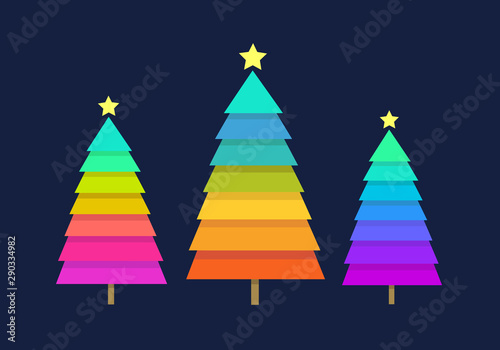 Three rainbow coloured Christmas tree vectors on a navy blue background