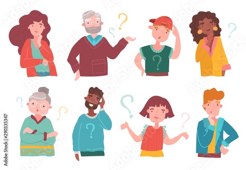 Set of eight colorful multiracial cartoon people deep in thought, some with question marks, some thinking scratching their heads, vector illustration