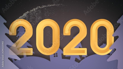 New Year 2020. Against the background of fir trees and houses, the inscription 2020 appears.Gifts, garlands, a clock and a Christmas tree branch in the foreground. Fireworks in the background. Happy N