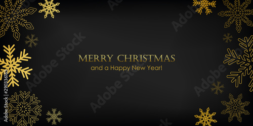 golden christmas greeting card with snowflakes on black background vector illustration EPS10