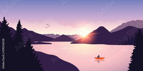 lonely canoeing adventure with orange boat at sunrise on the lake vector illustration EPS10